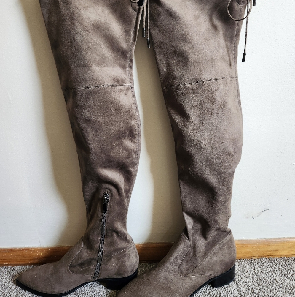 Marc Fisher Low Heel Thigh High Boots Suede Womens Lace Up Black Above The Knee